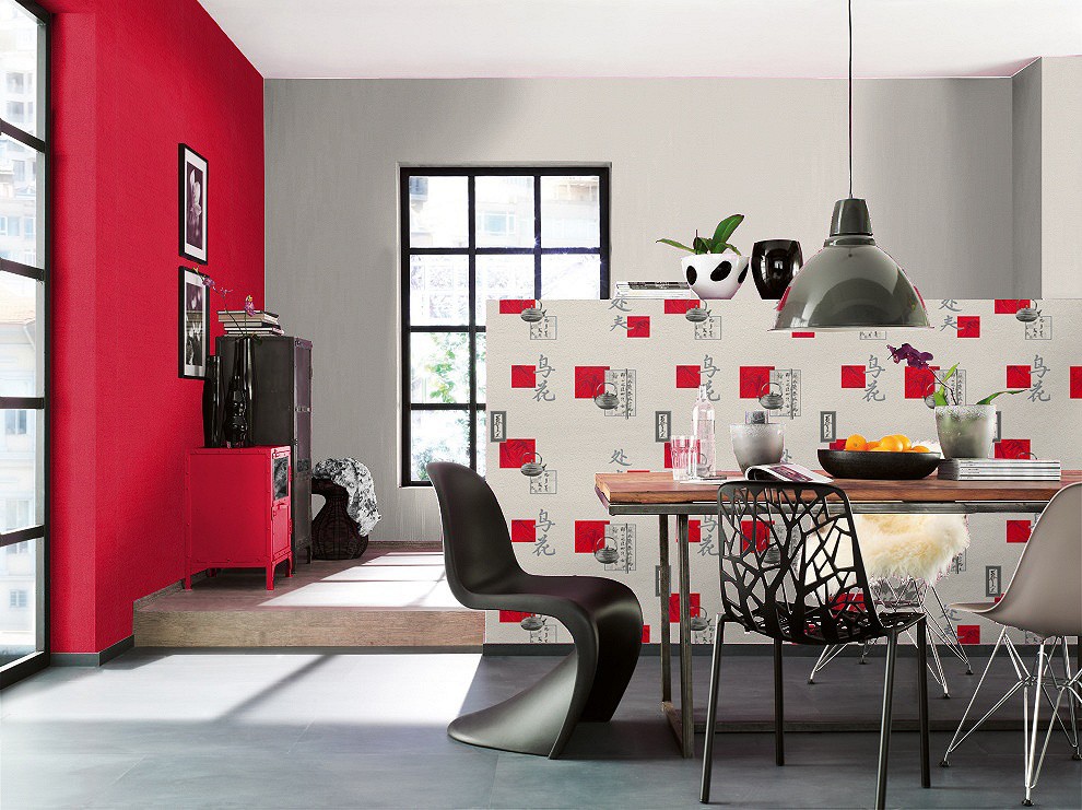 Oriental Chinese Vinyl Wallpaper Kitchen Textured Washable White Red